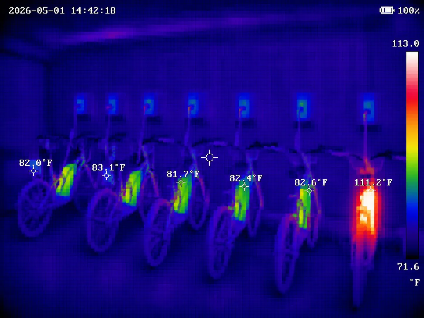 Thermal camera view of a charging room: a row of e-bikes on a rack with one pack glowing hot at 111°F while the others sit near 82°F.
